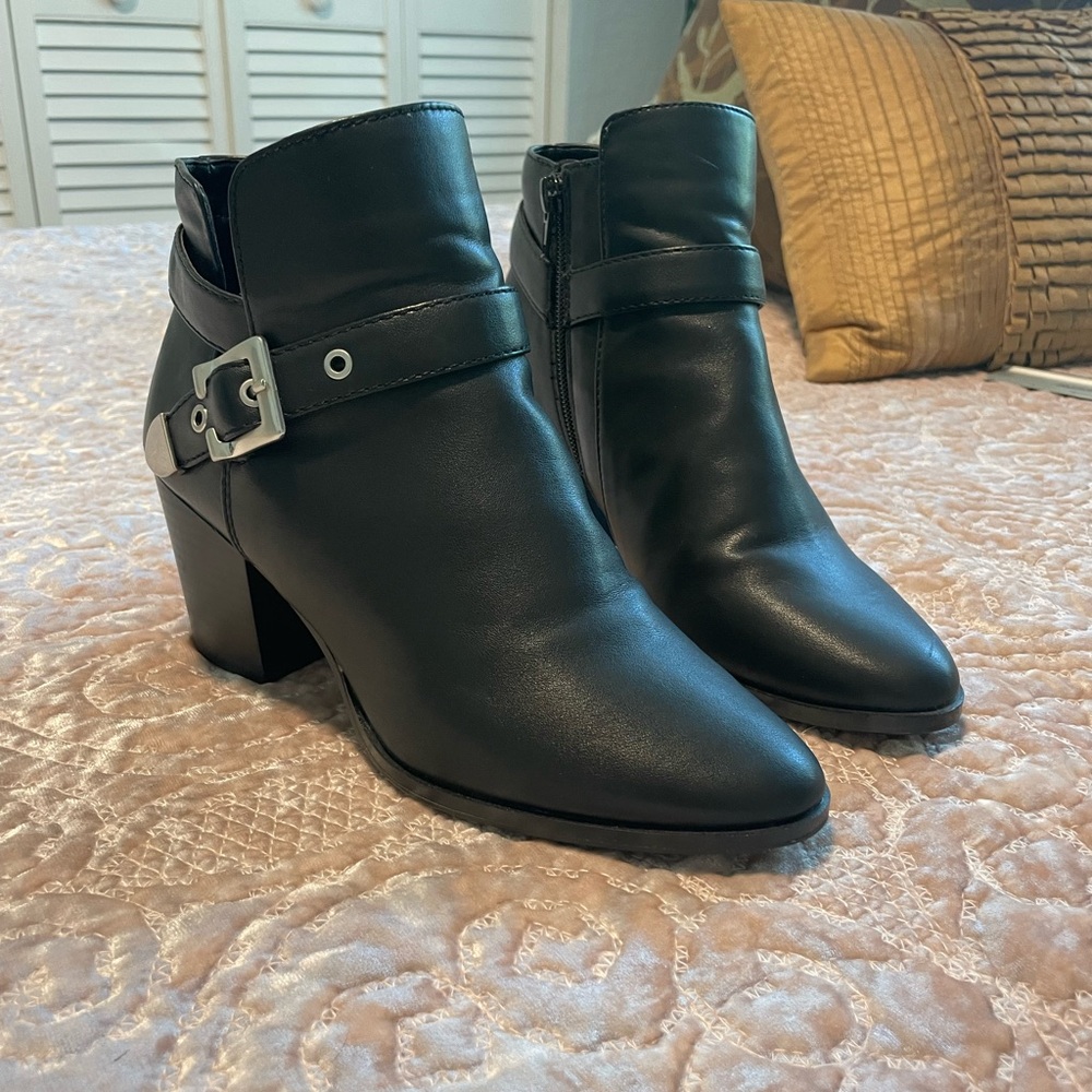 Aldo Black Ankle Boots with Silver Buckle and Stacked Heel